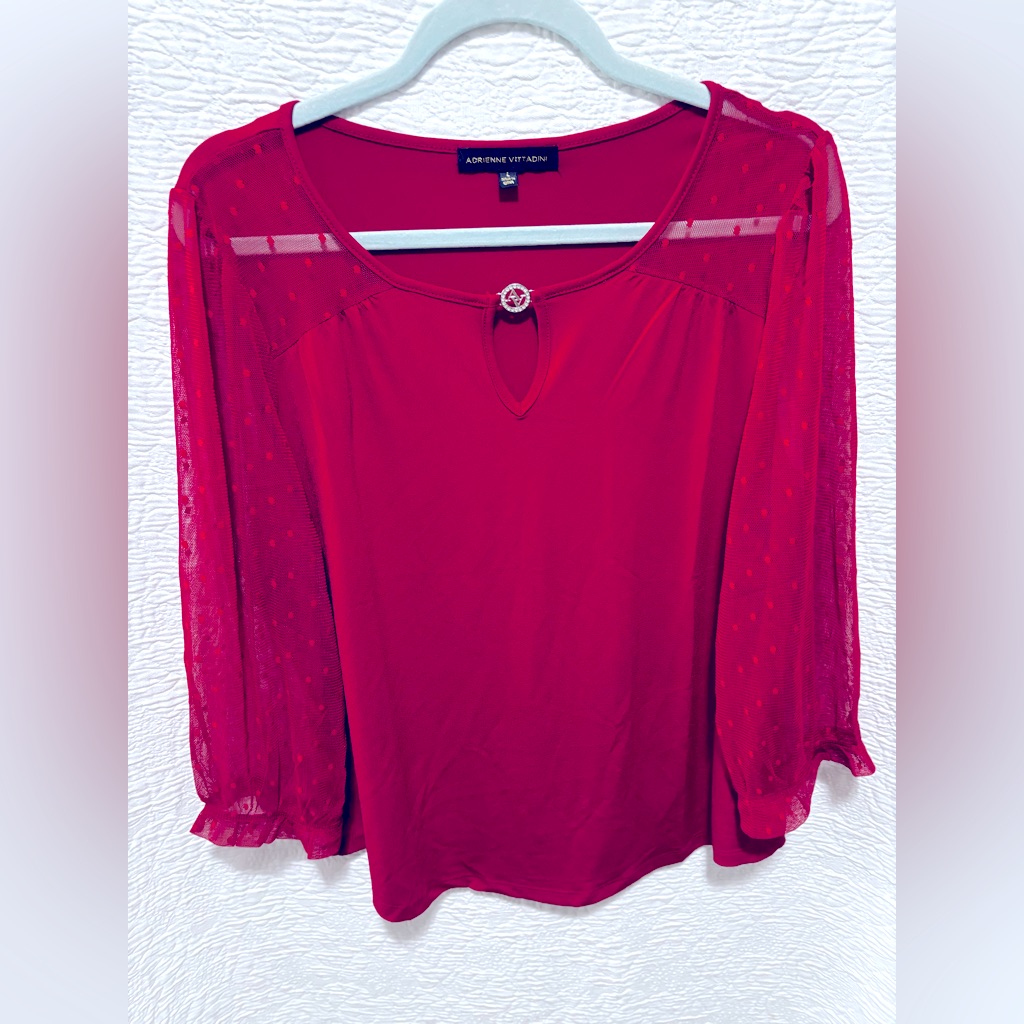 Adrienne Vittadini Women’s Dressy Blouse With Mesh Sleeves In Red